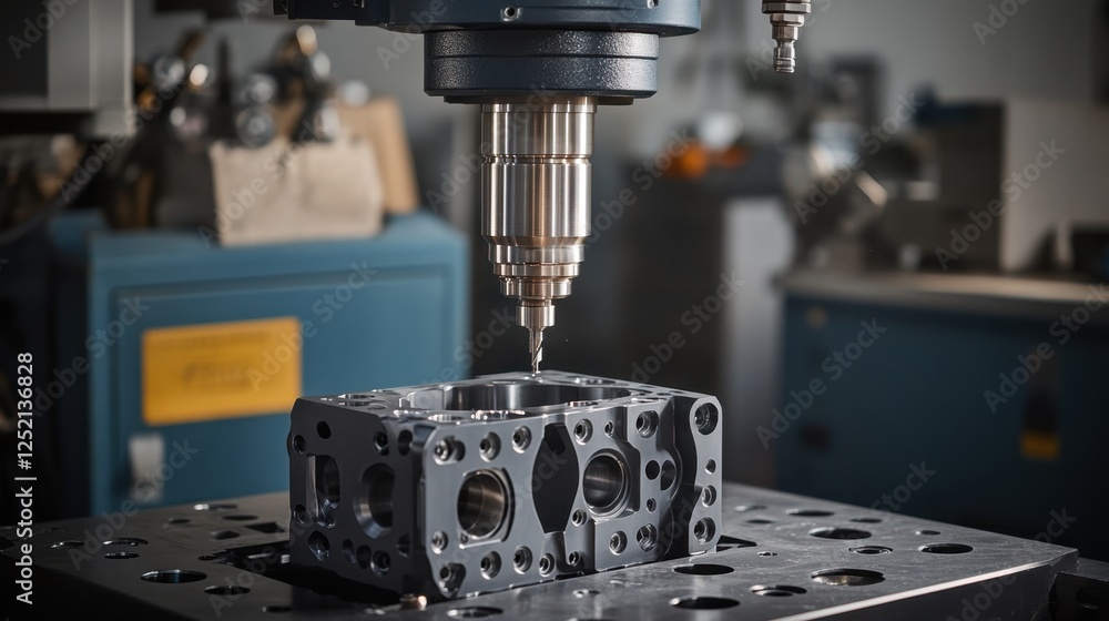 Poster a milling machine working on a high-performance automotive engine block.