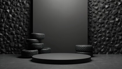 Tire podium showcase on black background. Car wheels with texture pattern arranged on stage for product display, demonstration. Empty 3d layout, abstract minimalistic auto service template design.