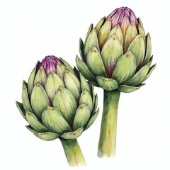 Fototapeta premium Watercolor artichoke illustration. Two fresh green vegetables with purple budding tops on white backdrop. Hand-drawn organic, healthy, vegetarian edible plants. Natural food ingredient for