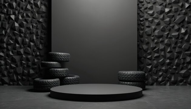 Tire podium showcase on black background. Car wheels with texture pattern arranged on stage for product display, demonstration. Empty 3d layout, abstract minimalistic auto service template design.
