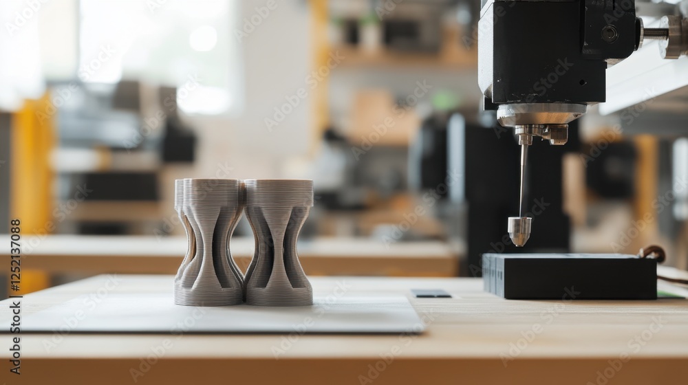 Poster a modern factory floor integrating both traditional machining and d printing technologies.