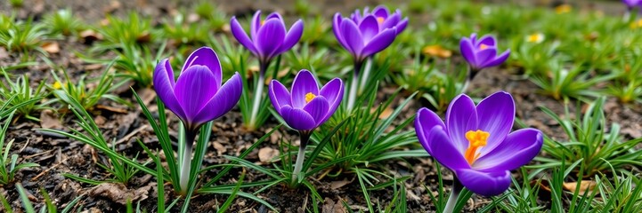 Purple crocus flowers with a vibrant mood blooming in a garden background