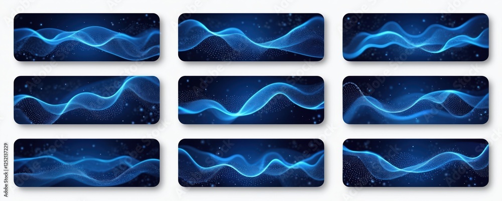 Poster abstract blue wave tech mobile web banners set. global cyber network concept with curvy lines for wi
