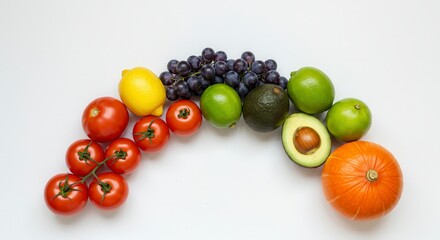 Colorful Rainbow Arrangement of Fresh Fruits and Vegetables on White