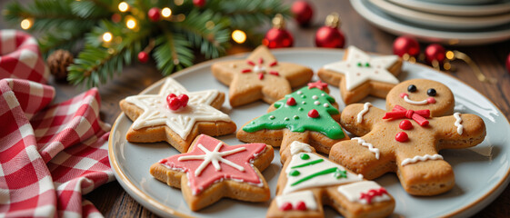 Fototapeta premium Decoratively Iced Christmas Cookies on a Plate Surrounded by Holiday Decor and Warm Tones