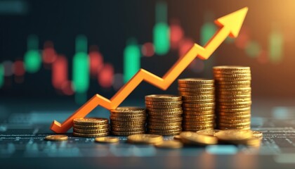 Financial chart shows interest rate growth arrow pointing up with stack of gold coins. Depicts business loan mortgage payment, salary increase, credit banking profit stock.