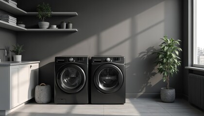 Monochrome interior of minimalist laundry room with washing machine pair. Gray walls, floor. Domestic appliance for laundry, modern equipment for home. Plants, laundry basket enhance clean aesthetic,