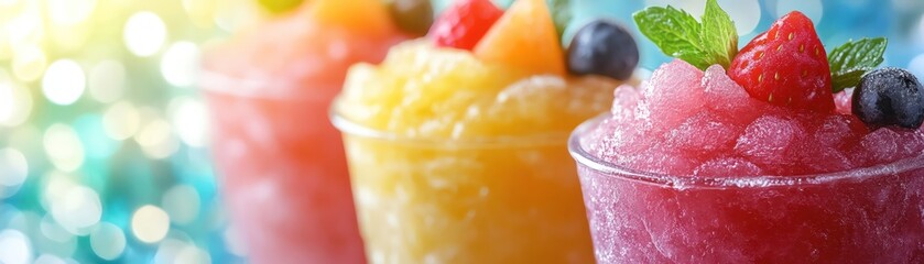 Colorful slush drinks with fruit garnishes, festive background, shallow depth of field, bright lighting