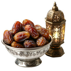 Assorted dates in a silver bowl with a Ramadan lantern, holy month of fasting, isolated on transparent background, png