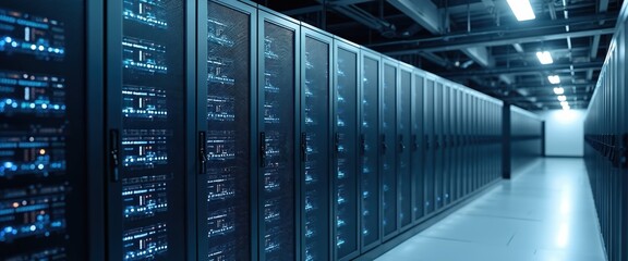 Modern data center interior with server racks. IT equipment housing is crucial for services availability. High tech infrastructure with cables, hardware, network ensures resources access and control.