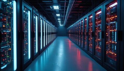 Fototapeta premium Modern LED console rack in server room data center. Connectivity, networking, hardware for business, tech, cyberspace efficiency. Infrastructure, innovation, management, speed, storage, security,