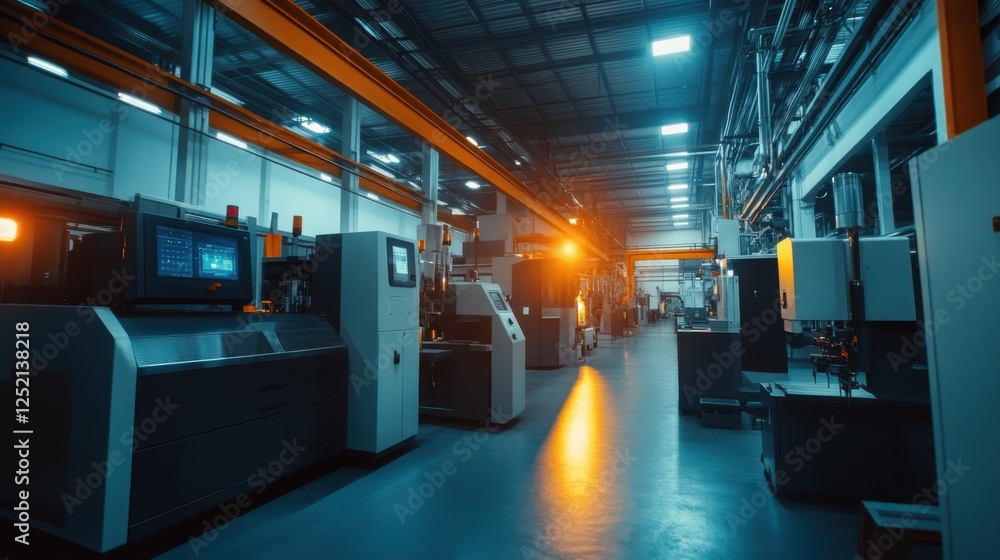 Poster a precision engineering factory with cnc machines shaping metal components.