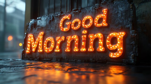 A vintage-style neon sign lights up with the words 'Good Morning' in a cozy urban setting, creating a warm and inviting atmosphere. Perfect for morning positivity and city vibes.