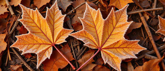 Morning Frost Patterns on Vibrant Autumn Leaves Creating a Stunning Contrast Against Earthy Background