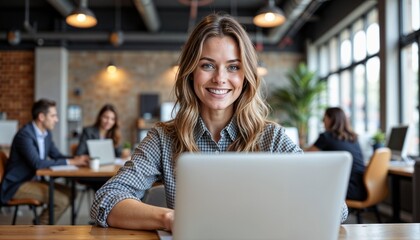 Happy businesswoman smiling while working on a laptop in modern office