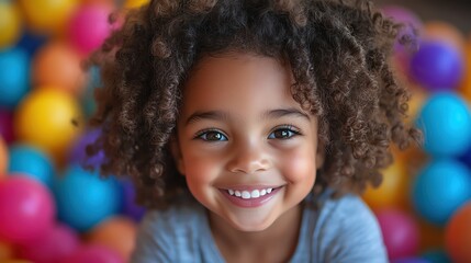 Laughing child in colorful ball pit, vibrant lighting, top view