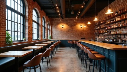 Empty industrial-style bar interior with exposed brick walls, wooden tabletops, hanging lights, and bar stools. Large windows illuminate space with natural light. Pub lounge indoor.