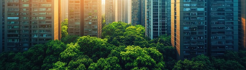 Modern cityscape with buildings covered in lush green trees