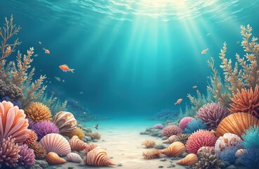 Naklejka premium Underwater banner background illustration in marine style. Adorned with shells, corals, colorful seaweeds. Marine flora and fauna. Tropical ocean scene with sea life.