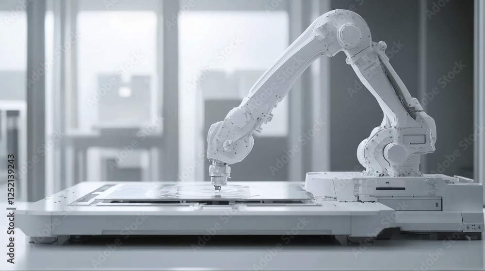 Aufkleber a robotic arm working alongside a d printer in an advanced factory setting.