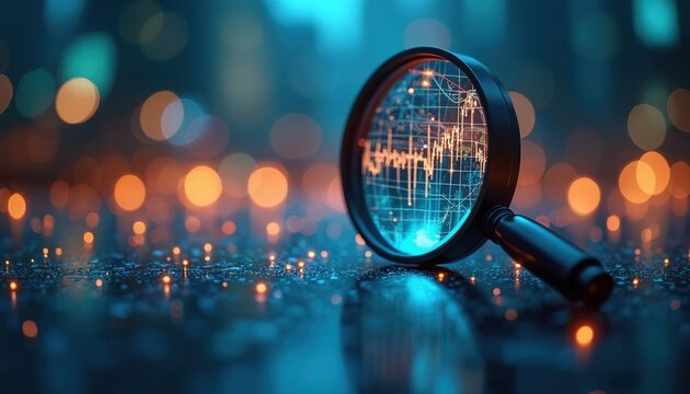 Magnifying glass reveals abstract digital stock market graph with bokeh lights background. Financial tech innovation connecting global knowledge, currency exchange and economic growth.