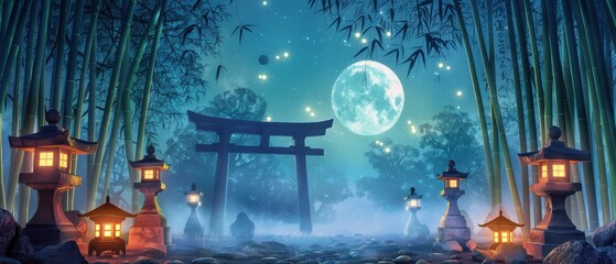 Obraz premium Moonlit bamboo forest, torii gate, glowing stone lanterns illuminate the path, the full moon shines on the ancient hands of this temple.