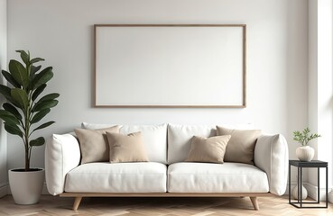 Fototapeta premium Blank horizontal poster frame mock up in minimal white style living room interior. Modern cozy design showcase for photo, image, artwork. Sleek style decor template.