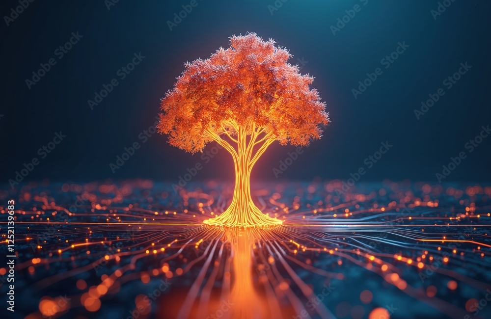 Poster illustration of neon glowing tree on electronic circuit board. growing from microchips, artificial i