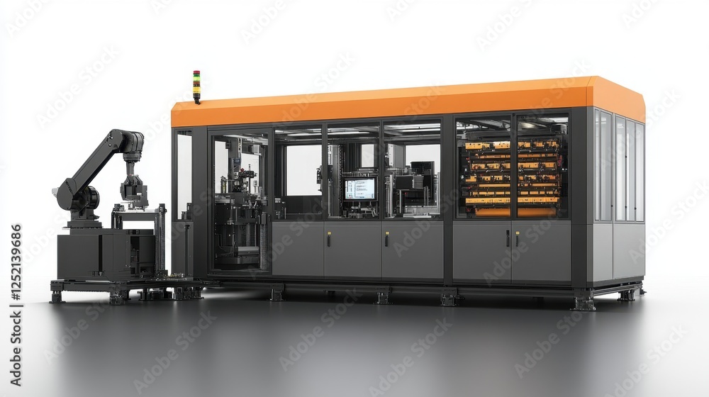 Poster a side view of a hybrid manufacturing robotic cell with multi-axis machining.