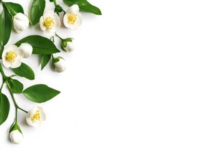 Obraz premium Realistic White Blossoms and Green Leaves Arrangement on Clean White Background for Artistic and Creative Projects