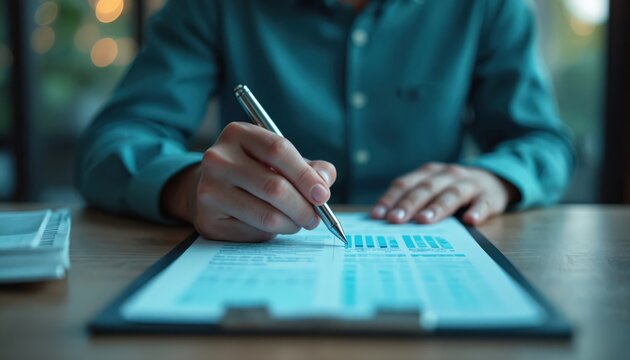 Businessman analyzing graphs, charts on paper. Man reviews data on clipboard with pen in office. Financial analysis, investment strategy planning, economic data, business growth, budget management.
