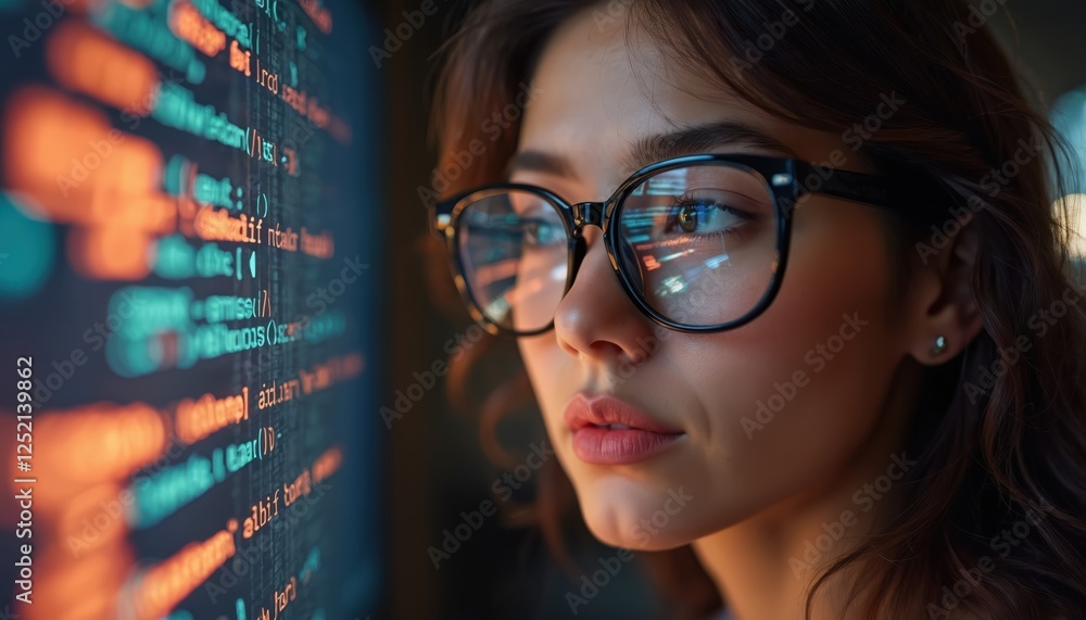 Poster woman in glasses looks at program code on screen. it pro works with software engineering, cybersecur