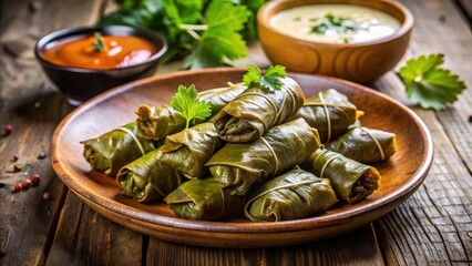 Steamed dolma wrapped in grape leaves with a side of savory sauce, grape leaves, meat