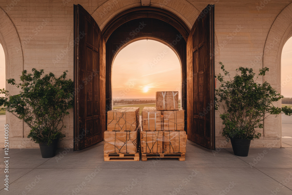 Poster a stack of boxes is sitting in front of a doorway