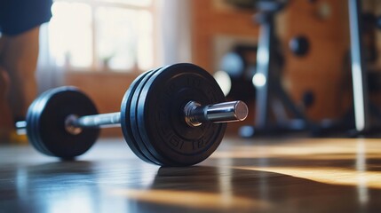 Barbell Ready for a Workout in a Bright Home Gym Setting and Sunlight
