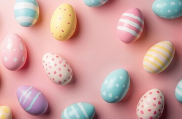 Obraz premium Top view Easter eggs on pastel pink background. Multicolored painted eggs with different ornaments, stripes, dots. Happy spring holiday theme, festive April celebration design. Traditional painted