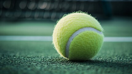 Close-up of a fuzzy yellow tennis ball on a green court surface