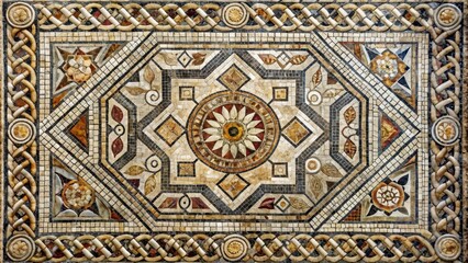 Obraz premium Distressed stone marble mosaic floor with intricate geometric patterns and ornate details for a unique decorative element, marble, antique finish