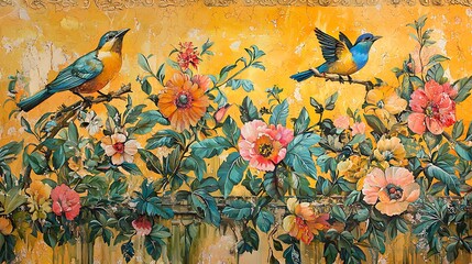 Ornamental Roman mural featuring vibrant floral patterns, birds, and detailed botanical elements