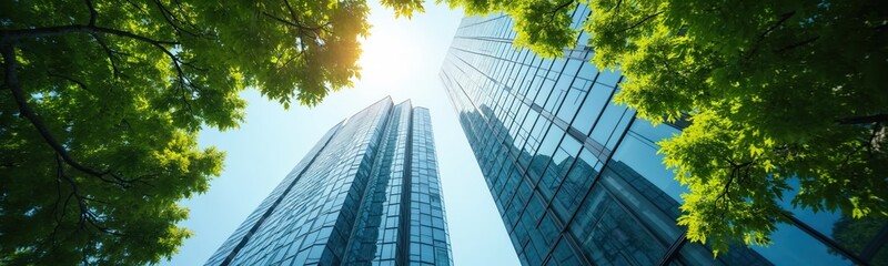 Fototapeta premium Sustainable glass office building with trees reflects corporate environmental responsibility, eco-friendly architecture. Modern eco office reduces carbon dioxide. Green environment concept for
