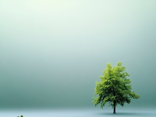 Misty Morning Landscape with Green Tree in a Serene Natural Environment and Space for Text Overlay
