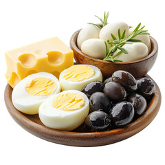 Boiled eggs, cheese, and olives arranged for Suhoor meal, healthy breakfast choice, isolated on transparent background, png