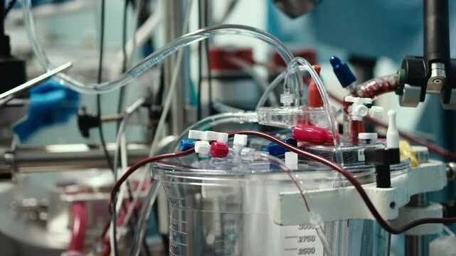 Close-up of an artificial circulation device during heart surgery. Concept of advanced medical technologies. 
