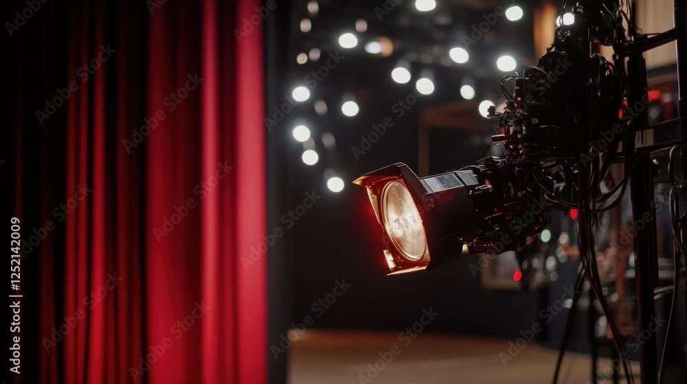 Poster stage lighting setup with curtains and background lights.