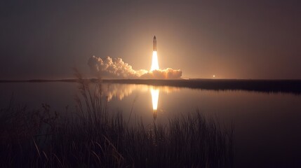 Fototapeta premium Rocket launch reflected in calm waters at night.