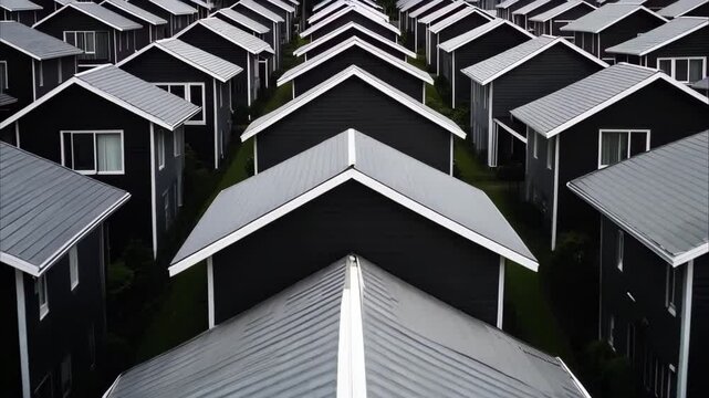 Aerial view of a row of black houses with triangular roofs, arranged in a systematic pattern.