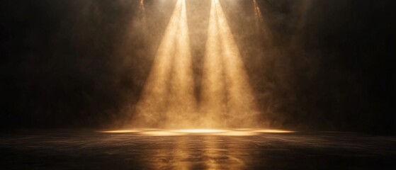 Minimalist Stage with a Soft Golden Spotlight and Gentle Fog. Copy space. Generative AI