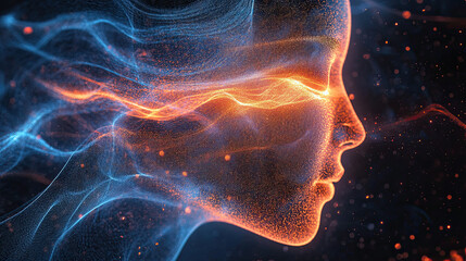 Holographic universe forming in colorful frequency waves and particles forming the shape of a woman’s head