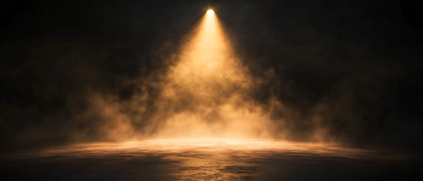 Minimalist Stage with a Soft Golden Spotlight and Gentle Fog. Copy space. Generative AI