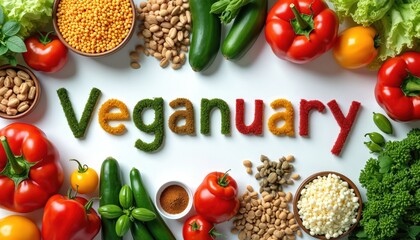 Top view of fresh raw vegetables, beans and grains making Veganuary text. Veganuary is month long vegan commitment in January, healthy eating detox diet.